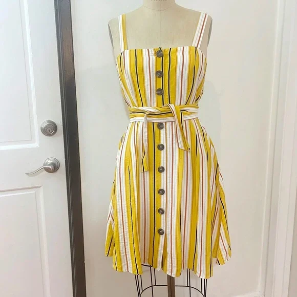 Fashion On Earth Dresses | Fashion On Earth Yellow Striped Sundress Large Backless Button Front Summer | Color: Cream/Yellow | Size: L |
